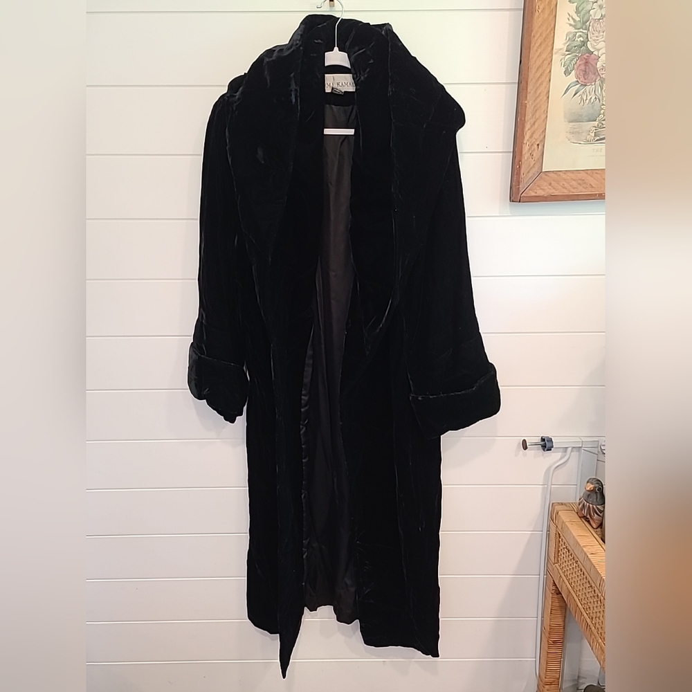 Norma Kamali Vintage Black Hooded Velvet Coat Small S